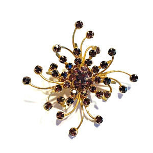 Vintage Mid Century Brooch Goldtone & Purple Amethyst Rhinestones Starburst Pin